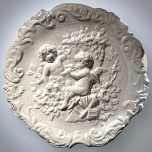 Plaque Vintage Musical Cherub 3D Ivory Glazed Plaster Platter Victorian MCM 60's